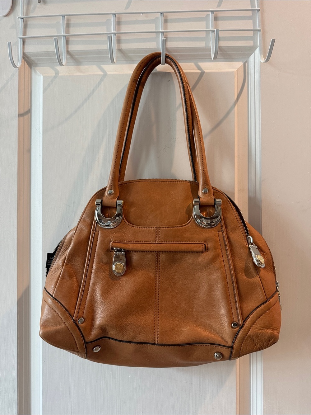 b. makowsky Tan Leather Shoulder Bag with Silver Hardware